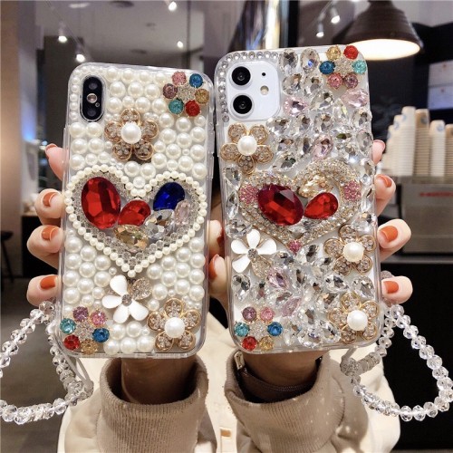 Love Heart Diamond Glitter Phone Case for iPhone, Soft Cover, Plating, Luxury, 15, 11, 12, 13, 14 Pro Max, Xr, Xs Max, 8 Plus