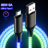 66W 6A RGB Color Light Type C Fast Charge Data Cable For Xiaomi K60 Ultra Samsung S23 Phone USB C Car Charge Cord For Iphone 14