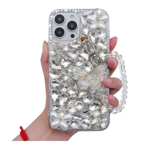 Luxury 3D Butterfly Chain and Full Clear Bling Case for iPhone, 15, 14, 13, 12, 11 Pro Max, XS Max, 8, 7, Diamond Capa, 2024