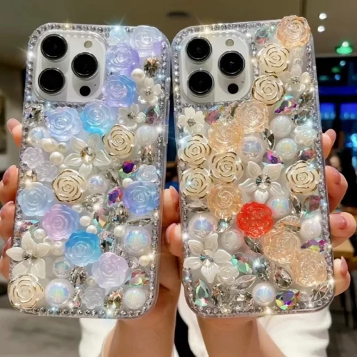 Fantasy Gradual Rose Diamond Pearl Flower Phone Case for Iphone 15 14 12 Pro Max MiNi 11 13 Pro X XS XR 7 8 Plus SE Back Cover