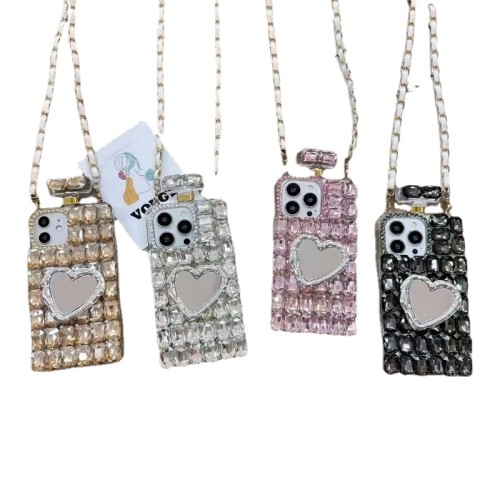 Perfume Bottle Case for iPhone 15 Pro Max, Bling Case with Lanyard Strap, Luxury 3D Diamond Crystal Rhinestone Phone Case