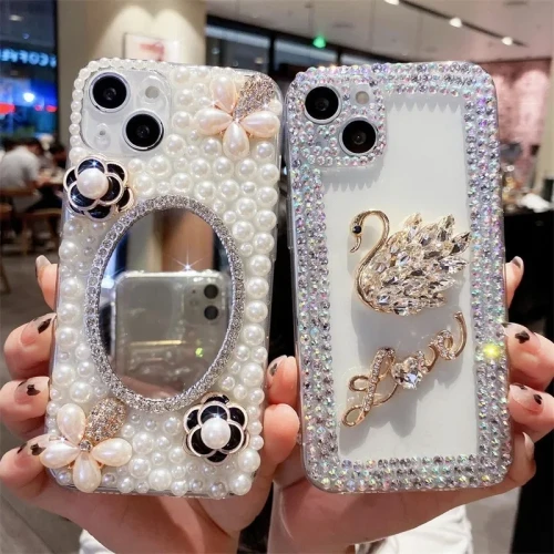 Diamond Chain Phone Case for iPhone, 3D Camellia, Swan Bling Cover, 15, 14, 12 Pro Max, Mini 11, 13 Pro, X, XS, XR, 7, 8 Plus