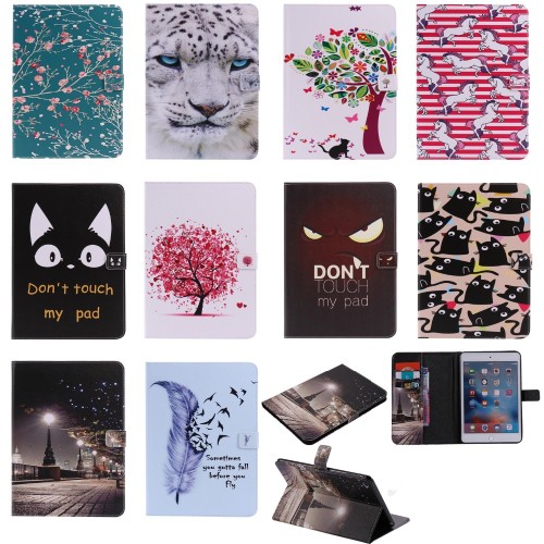 Fashion PU Leather Flip Case For Apple iPad Mini 4 Case Stand Cover Case With Card Holder Flowers Print Cover Protector Film