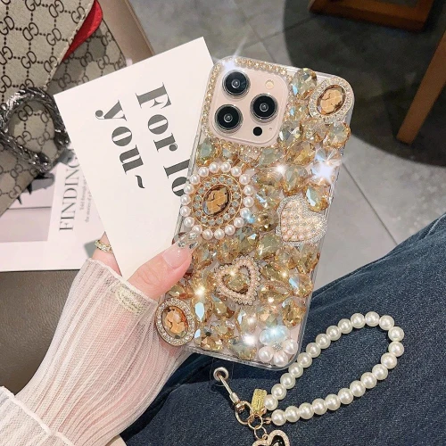 Goddess Portrait Case for iPhone, Rhinestone Crystal Case, Pearl Diamond, Love Heart Cover, 15, 14, 13, 12, 11 Pro Max, XR, 7, 8