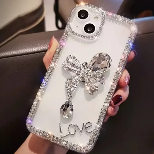 Luxury Glitter Diamond Love Bow Phone Case, Cover for iPhone 13, 14, 15, 12, 11 Pro Max, XS, XR, X, 8, 7 Plus, SE 2020 +