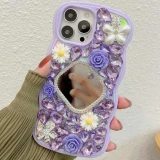 Bling Diamond Glitter Phone Case, Make Up Mirror, Daisy Flower, Wave, Case for iPhone 15, 14, 13, 12, 11 Pro Max, X, XS, XR
