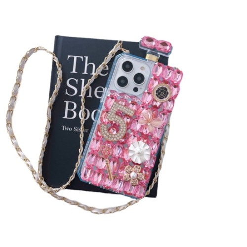 Graceful Rhinestone Sparkle Mobile Phone Case for iPhone, Real Diamond Perfume Bottle Bling Case, Top Luxury Case, 14, 13, 15