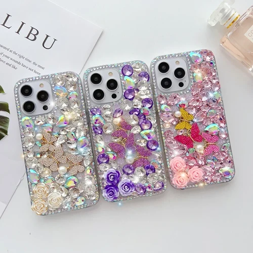 Luxury Diamond Butterfly Phone Case, Colorful Crystal Rhinestone Cover for iPhone 15, 14, 13, 12, 11 Pro Max, XR, XS, 8 Plus