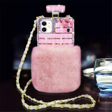 Luxury Bling Diamond Fur Perfume Bottle Cover, Mobile Phone Case for iPhone 7, 8 Plus, X Max, 11, 12, 13, 14, 15 Pro Max