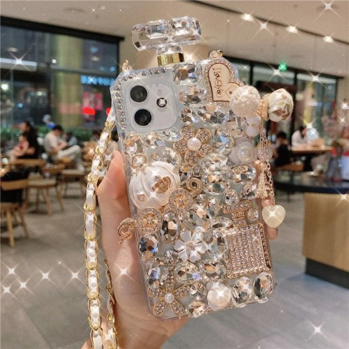 Perfume Bottle Phone Case Handmade Cover Luxury Bling Sparkle Diamond Rhinestone Case with Lanyard for IPhone 13 15 14 Pro Max