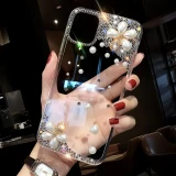 Sparkling Crystal Camellia Phone Case, Bling Diamond, Pearl Glitter, Cover for iPhone 15, 14, 13, 12, 11 Pro Max,