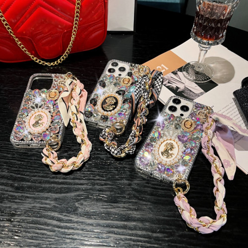 3D Handmade Glitter Case with Silk Scarf and Wrist Strap, Gem Crystal Diamond Bling, Case for IPhone 15 Pro, 11, 12, 13, 14 Plus