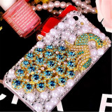Soft Cover Case for iPhone, 3D Bling, Crystal Rhinestone, Peacock Flower, Diamond Pearl, Luxury, 14, 15, 13, 12, 11 Pro, XS, 15M