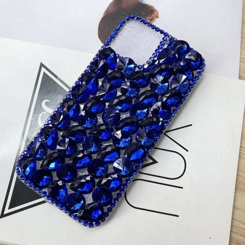Gem Blue Diamond Glitter Phone Case for Women, Luxury Rhinestone Cover, TPU Casing for iPhone 15, 13, 12, 11 Pro Max, X, XR