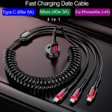 66W 5A USB Type C Data Cable Spring Pull Telescopic For Xiaomi Redmi Samsung Android Phone Charge Car USB Cable For iPhone 14