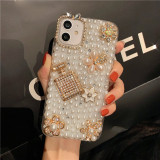 Bling Diamond Flower Pearl Phone Case for IPhone, Glitter Rhinestone Bottle, Soft TPU Cover, 14, 15, 13, 12, 11 Pro Max, XS