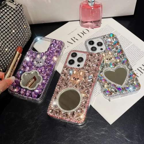 Sparkly Diamond Rabbit Makeup Mirror Phone Case for IPhone 15 14 13 12 11 Pro Max XR XS X 7 8 Plus 14Plus Women