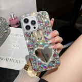 Sparkly Diamond Rabbit Makeup Mirror Phone Case for IPhone 15 14 13 12 11 Pro Max XR XS X 7 8 Plus 14Plus Women