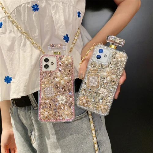 Anti-Fingerprint Crystal Diamond Perfume Bottle Phone Case for Women, Fashionable Cover for iPhone 15, 14, 13, 12, 11 Pro Max