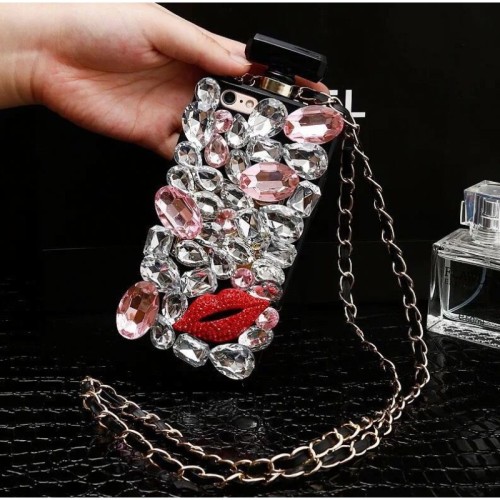 Luxury Bling Diamond Rhinestone Crystal Perfume Bottle Phone Case for iPhone, 15, 14, 13, 12, 11 Pro Max with Lanyard
