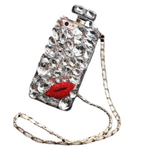 Luxury Bling Diamond Rhinestone Crystal Perfume Bottle Phone Case for iPhone, 15, 14, 13, 12, 11 Pro Max with Lanyard