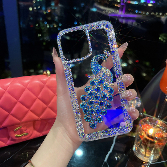 Luxury Bling Glitter Rhinestone Peacock Phone Case, Soft TPU Cover for iPhone 15，14, 13, 12, 11 Pro, XS MAX, Plus, Diamond Chain