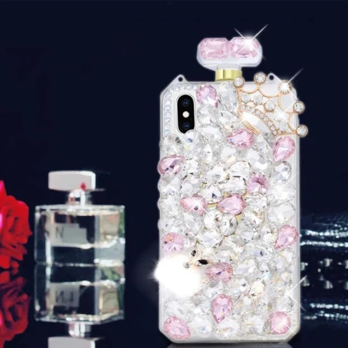 Crown Diamond Perfume Bottle TPU Case for Samsung Galaxy Note, S24, 20, S20, S21, S22 Plus, S23, iPhone 15, 14, 13, 12, 11 Pro