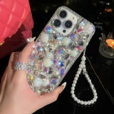 3D Bling Diamond Laser Pearl Crystal Camellia Strap Phone Case for Iphone 15 14 12 Pro Max MiNi 11 13 Pro X XR 7 8 Plus Cover