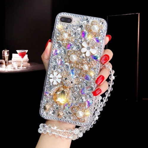 Luxury 3D Diamond Bear Flower Pearl Phone Case for iPhone 15, 14 Pro Max, Clear Hardware, Carved Accessories, Bumper Phone Cover