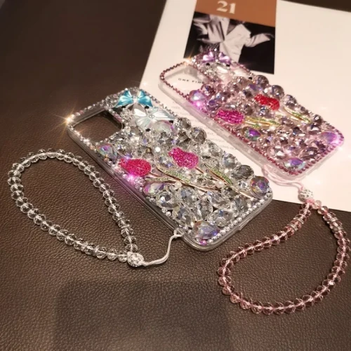 Luxury 3D Butterfly Bling Mobile Case, Rose Diamond Chain, For iPhone 13, 14, 15, 12 Pro Max