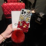 Fashion Fur Ball Case for iPhone, Shockproof Cover, Diamond Rhinestone Flower, Bow Bear, Bling, 11, 12, 13, 14, 15 Pro Max, XR