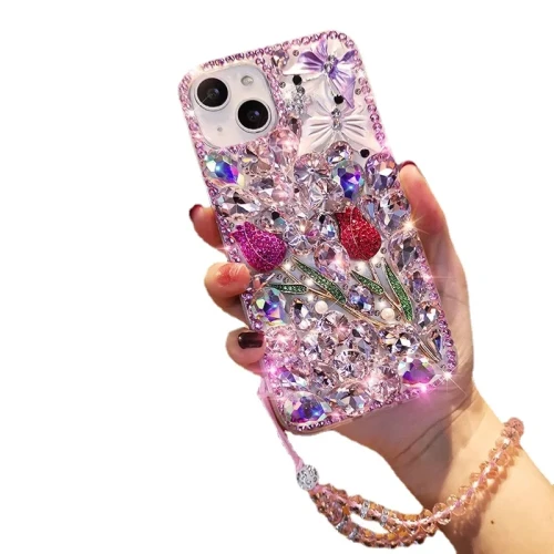 Luxury 3D Butterfly Bling Mobile Case, Rose Diamond Chain, For iPhone 13, 14, 15, 12 Pro Max