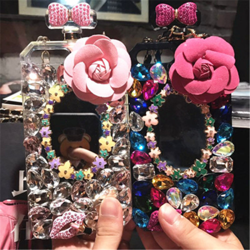 Luxury Bling Crystal Diamond Flower Mirror Chain Handbag, Perfume Bottle Case for iPhone 15，14, 11, 12, 13 Pro Max, Plus XR