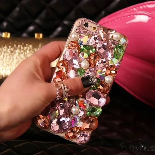 Green Pearl Crystal Diamond Bling Cases For iPhone 13 12 11 14 15 Pro Max Mini XS XR Luxury Sparkle Glitter Diamond Phone Cover