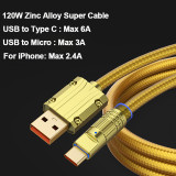 Zinc Alloy 120W USB Super Fast Charging Data Cable For Xiaomi Huawei Samsung Type C 6A Micro 3A Charge Game Cord For iPhone 2.4A