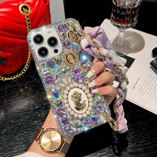 3D Handmade Glitter Case with Silk Scarf and Wrist Strap, Gem Crystal Diamond Bling, Case for IPhone 15 Pro, 11, 12, 13, 14 Plus