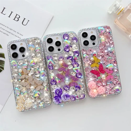 Shiny Butterfly Diamonds Phone Case for Women, Luxury Brand, Cover for iPhone 15, 14, 13, 12, 11 Pro Max, XR, X, 8, 7 Plus
