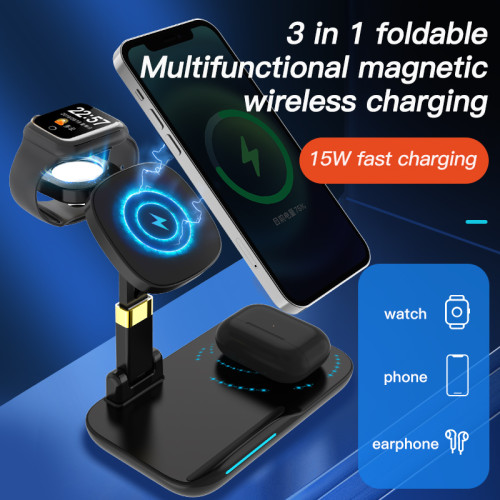 3-in-1 Magnetic Wireless Charger 15W Folding Magnetic Wireless Charger for Apple, Huawei, Samsung