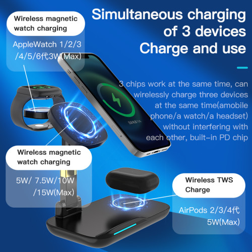 3-in-1 Magnetic Wireless Charger 15W Folding Magnetic Wireless Charger for Apple, Huawei, Samsung