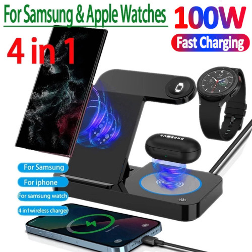 100W 4 in 1 Wireless Charger Stand Foldable Fast Charging Station For iPhone 14 13 12 Samsung S22 S21 Galaxy Apple Watch 8 7