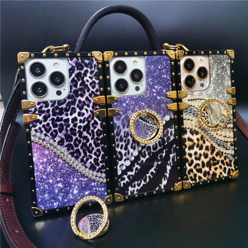 Luxury Bling Diamonds Pearl Leopard Cover For iphone 15 PRO 14 PRO MAX 11 12 PRO XS XR 8 Square Phone Case For iphone 13 PRO MAX