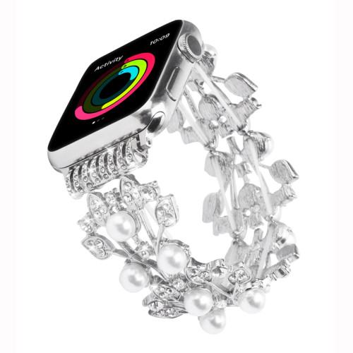 Luxury Stainless Steel Band Strap for Apple Watch iWatch Band 38/40/41/42/44/45/49mm Bling Pearl Beaded Wristband SE 8 7654321 Woman Elastic Bracelet
