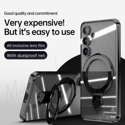 Transparent Soft Case For Samsung Galaxy S24 Ultra Plus For Magsafe Magnetic Wireless Charge Covers With Metal Ring Holder Stand