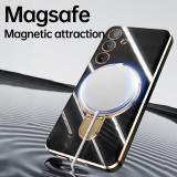 Plating Silicone Case For Samsung Galaxy S24 Ultra Plus For Magsafe Magnetic Wireless Charge Covers With Metal Ring Holder Stand