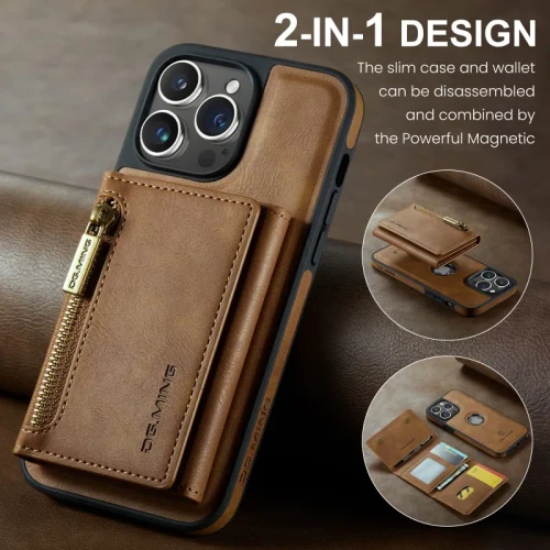 2 In 1 Detachable Magnetic Leather Wallet Phone Case For iPhone 15 14 13 12 11 Pro Max Plus Zipper Card Slot Pocket Holder Cover
