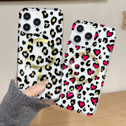 Leopard Print Pattern Hard Magnetic Case For iPhone 15 14Plus 13 12 Pro Max For Magsafe Wireless Charging Clear Shockproof Cover