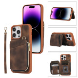 Lanyard Leather Holder Phone Case for iPhone 15 14 13 12 11 Pro XR XS Max SE 2022 8 7 6 6S Plus Wrist Rope Zip Wallet Card Cover