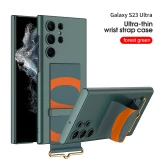 For Samsung Galaxy S24 S23 S22 Ultra Case Plain Leather Wrist Strap Holder Matte Ultra Thin Shockproof Hard Cover Accessories