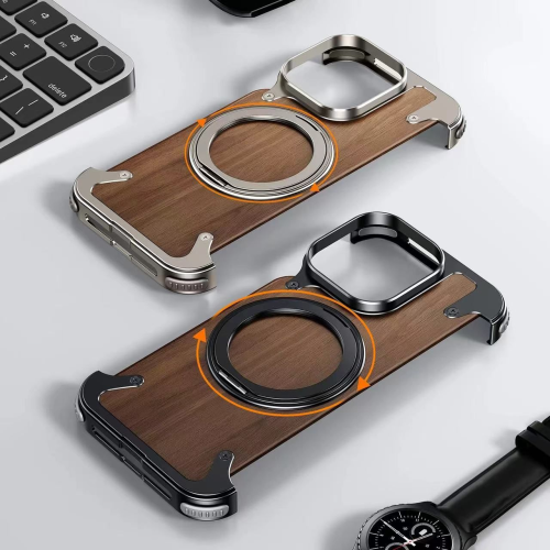For iPhone 15 14 Pro Max Case 360°Rotating Magnetic Magsafe Car Phone Holder Walnut Wood Metal alloy framework Protective cover