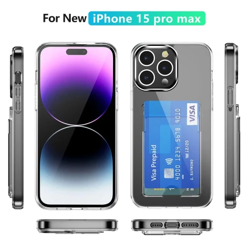 Clear Phone Case with Card Holder for iPhone 15 14 Plus 13 12 11 Pro Max Slim Protective Shockproof Transparent Cover